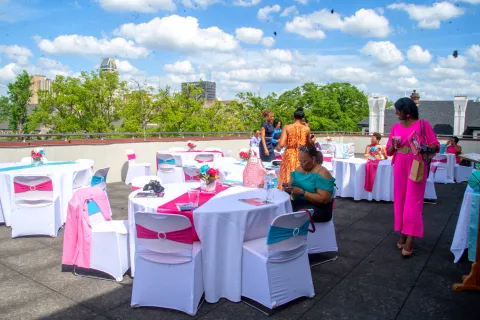 Picture of executive level patio set up with round tables and chairs