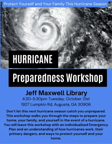 Image of a hurricane in satellite view over a blue flyer. Black boxes with white text in the center of the page read "Hurricane Preparedness Workshop" and below that on the blue part of the flyer is text describing the time, place, and description of the event.