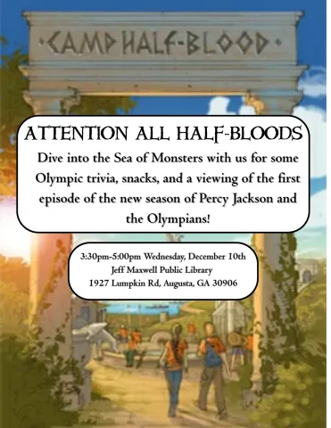 Flyer with Camp Half Blood pictured, center text describing the event