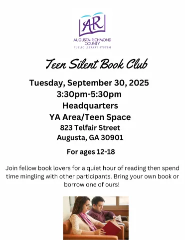Teen Silent Book Club on Tuesday, September 30, 2025 from 3:30pm-5:30pm in the YA area/Teen Space at Headquarters.