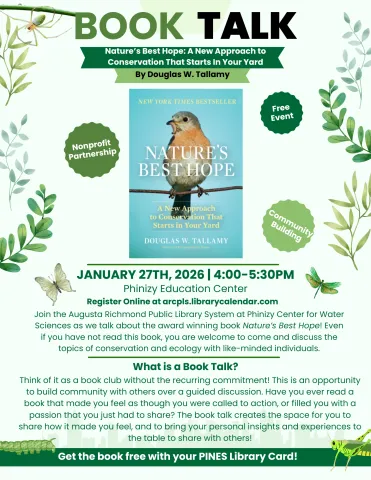 Green and white background with the book cover and event description