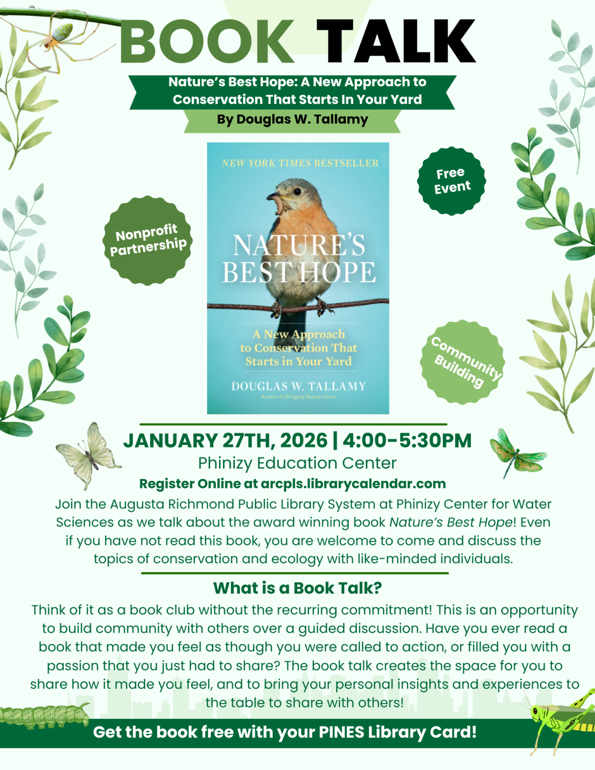 Green and white background with the book cover and event description